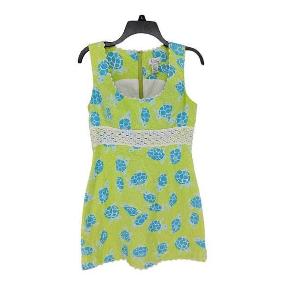 Vintage Lilly Pulitzer Turtle Mini Dress Women 6 Green Blue Lace Detail Beachy